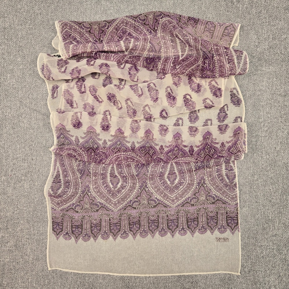 Vintage Robinson Golluber Scarf Purple Lavender Paisley Sheer Oblong Japan 13x44
